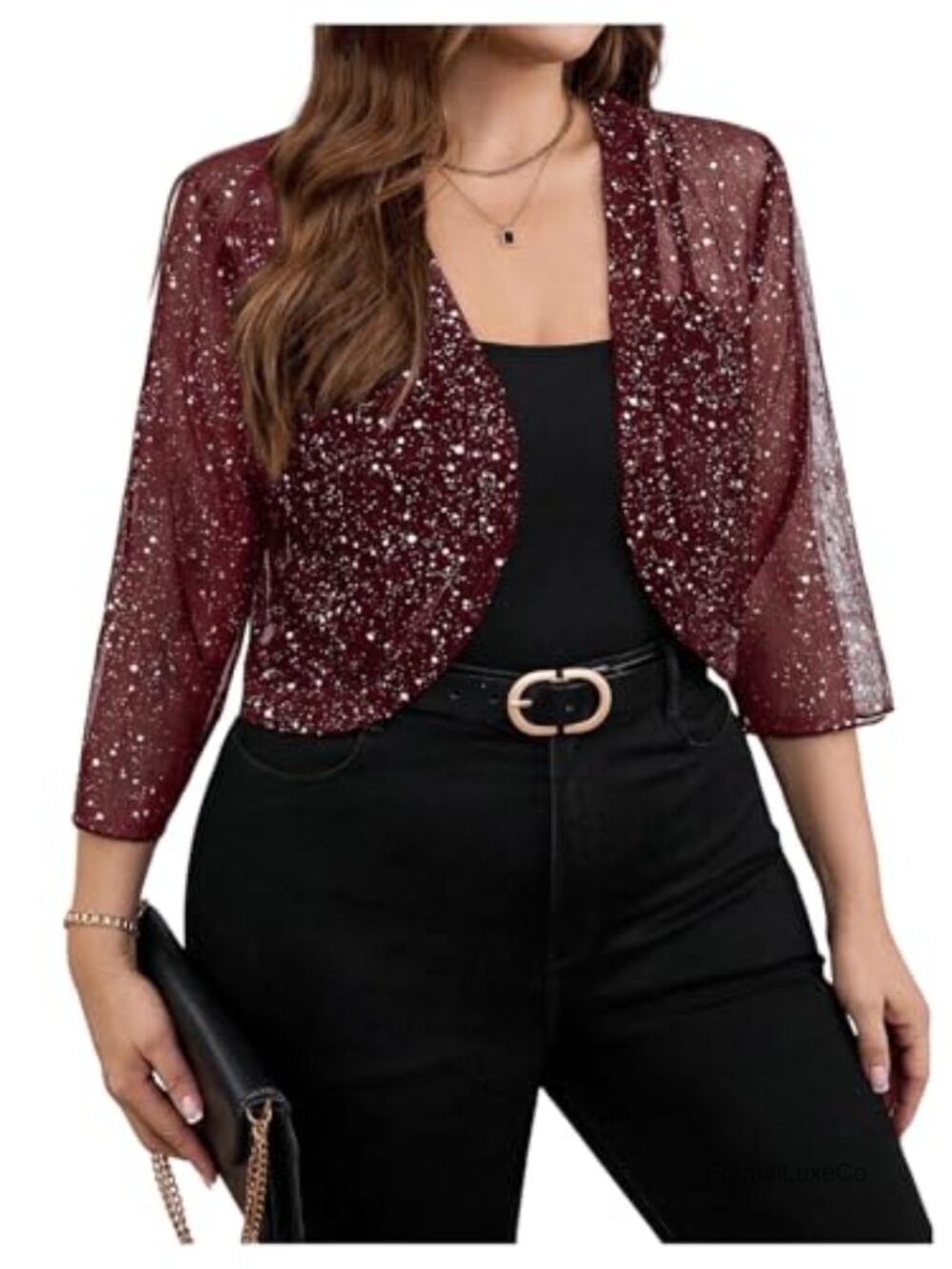 Plus Size Sheer Mesh Cropped Bolero Cardigan Rhinestone 3/4 Sleeve